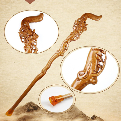 T Handle Rubber Foot Wood Walking Cane, Tongkat Kayu Peach Untuk Sesepuh
