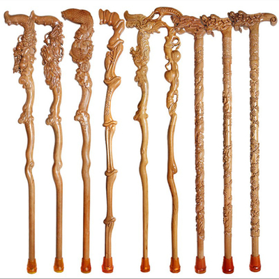 T Handle Rubber Foot Wood Walking Cane, Tongkat Kayu Peach Untuk Sesepuh
